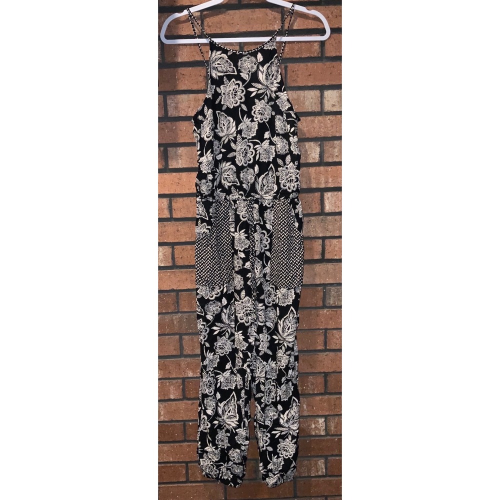 Halter Neck Floral Jumpsuit Black White Tapered Leg Boho Sleeveless One Piece S